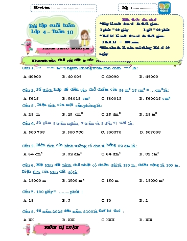 Bài tập cuối tuần môn Toán Lớp 4 Sách KNTT - Tuần 10