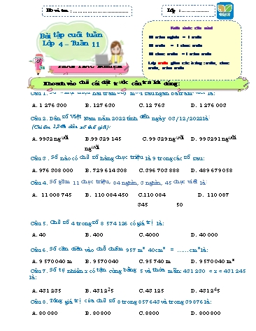 Bài tập cuối tuần môn Toán Lớp 4 Sách KNTT - Tuần 11