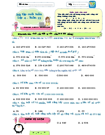Bài tập cuối tuần môn Toán Lớp 4 Sách KNTT - Tuần 12