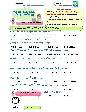 Bài tập cuối tuần môn Toán Lớp 4 Sách KNTT - Tuần 13