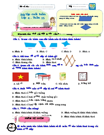 Bài tập cuối tuần môn Toán Lớp 4 Sách KNTT - Tuần 15