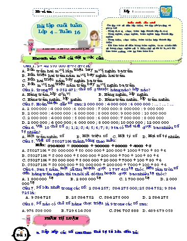 Bài tập cuối tuần môn Toán Lớp 4 Sách KNTT - Tuần 16