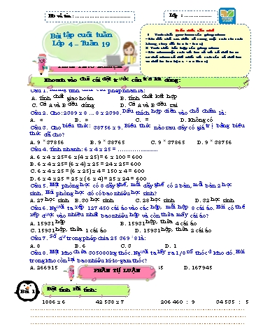 Bài tập cuối tuần môn Toán Lớp 4 Sách KNTT - Tuần 19