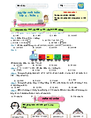 Bài tập cuối tuần môn Toán Lớp 4 Sách KNTT - Tuần 1