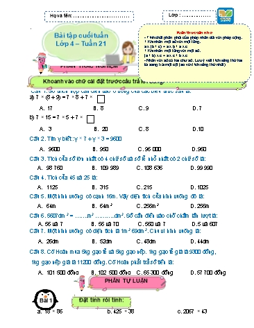Bài tập cuối tuần môn Toán Lớp 4 Sách KNTT - Tuần 21