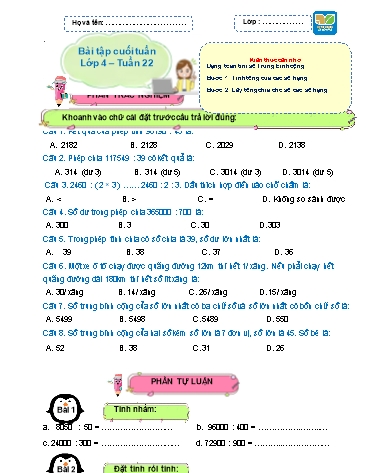 Bài tập cuối tuần môn Toán Lớp 4 Sách KNTT - Tuần 22