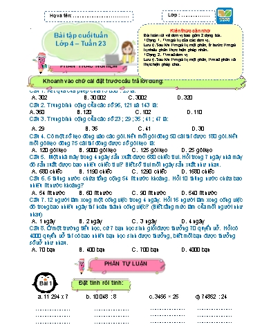 Bài tập cuối tuần môn Toán Lớp 4 Sách KNTT - Tuần 23