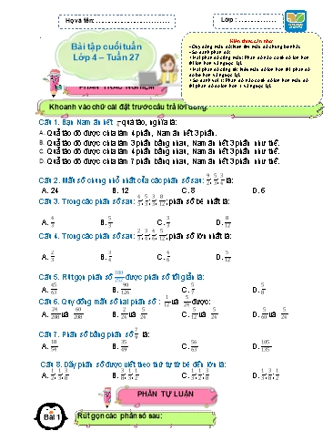 Bài tập cuối tuần môn Toán Lớp 4 Sách KNTT - Tuần 27