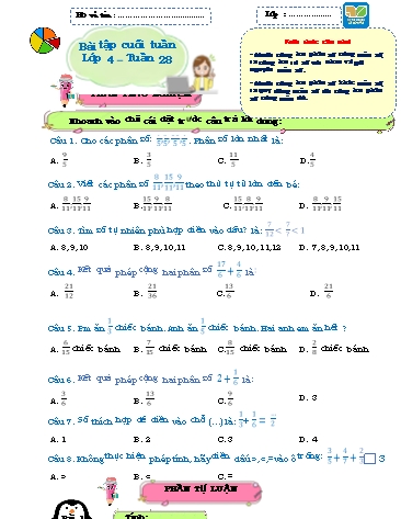 Bài tập cuối tuần môn Toán Lớp 4 Sách KNTT - Tuần 28