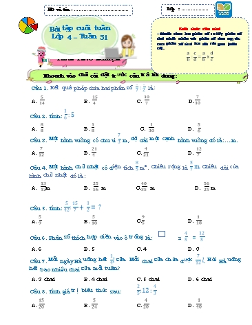 Bài tập cuối tuần môn Toán Lớp 4 Sách KNTT - Tuần 31