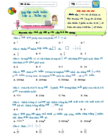 Bài tập cuối tuần môn Toán Lớp 4 Sách KNTT - Tuần 32