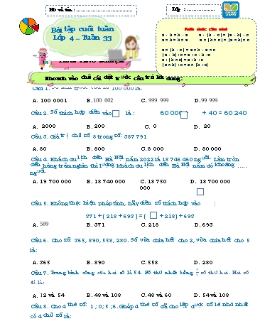 Bài tập cuối tuần môn Toán Lớp 4 Sách KNTT - Tuần 33