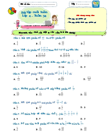 Bài tập cuối tuần môn Toán Lớp 4 Sách KNTT - Tuần 34