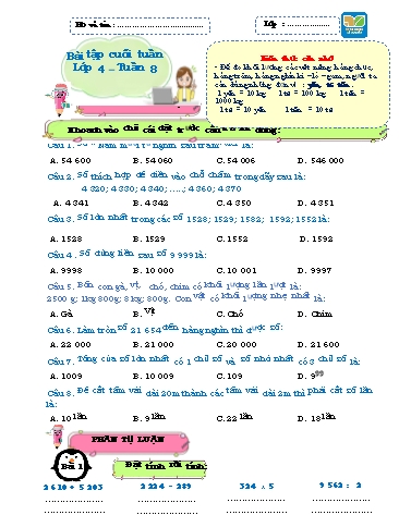 Bài tập cuối tuần môn Toán Lớp 4 Sách KNTT - Tuần 8