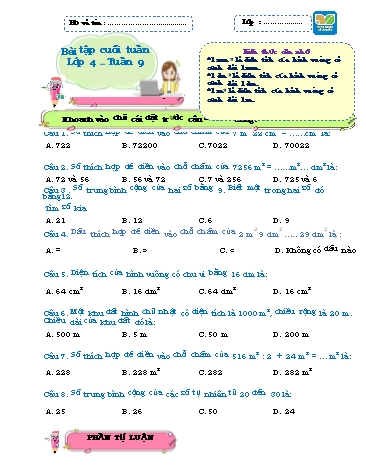 Bài tập cuối tuần môn Toán Lớp 4 Sách KNTT - Tuần 9