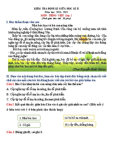 Đề kiểm định kì giữa học kì II môn Tiếng Việt Lớp 2 - Năm học 2021-2022 (Có đáp án) Đề kiểm định kì giữa học kì II môn Tiếng Việt Lớp 2 - Năm học 2021-2022 (Có đáp án)