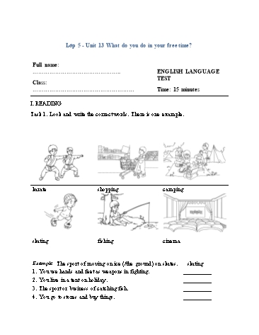 Đề kiểm tra 15 môn Tiếng Anh Lớp 5 - Unit 13: What do you do in your free time? (Phần Reading)