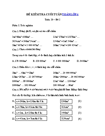 Đề kiểm tra cuối tuần môn Toán Lớp 4 - Đề số 2 (Có đáp án)