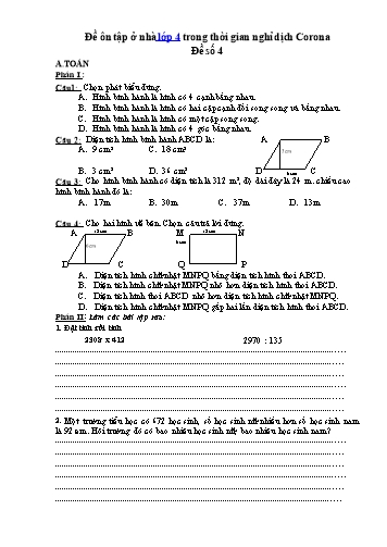 Đề ôn tập trong thời gian nghỉ dịch môn Toán + Tiếng Việt Lớp 4 - Đề số 4