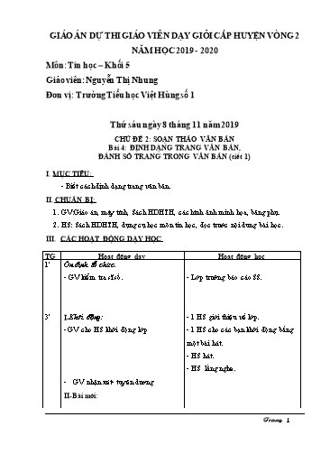 Giáo án Tin học Khối 5 - Chủ đề 2, Bài 4: Định dạng trang văn bản, đánh số trang trong văn bản (Tiết 1) - Năm học 2019-2020 - Nguyễn Thị Nhung