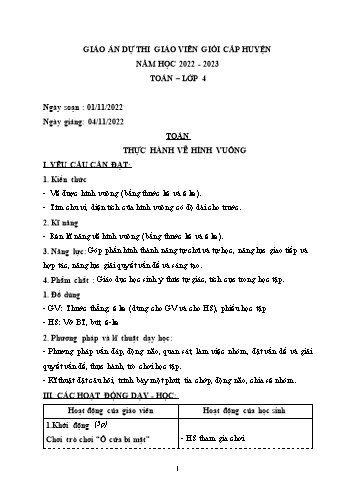 Kế hoạch bài dạy Toán Lớp 4 - Bài: Thực hành hình vuông - Năm học 2022-2023 Kế hoạch bài dạy Toán Lớp 4 - Bài: Thực hành hình vuông - Năm học 2022-2023