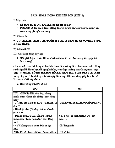 Kế hoạch bài dạy Tự nhiên xã hội Lớp 1 (Sách Cùng học để phát triển năng lực) - Bài 9: Hoạt động khi đến lớp (2 tiết)