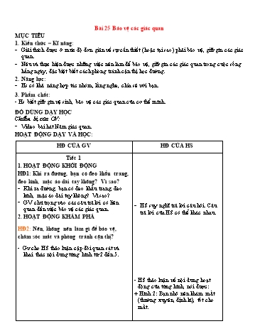 Kế hoạch bài dạy Tự nhiên xã hội Lớp 1 (Sách Cùng học để phát triển năng lực) - Bài 25: Bảo vệ các giác quan