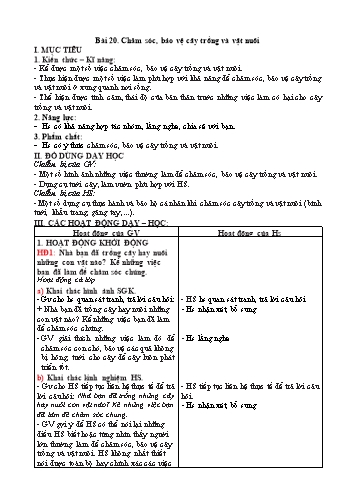 Kế hoạch bài dạy Tự nhiên xã hội Lớp 1 (Sách Cùng học để phát triển năng lực) - Bài 20: Chăm sóc, bảo vệ cây trồng và vật nuôi
