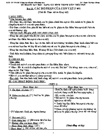 Kế hoạch bài dạy Tự nhiên xã hội Lớp 1 (Sách Cùng học để phát triển năng lực) - Bài 18: Các bộ phận của con vật (2 tiết) - Phạm Thị Ngọc Hưng