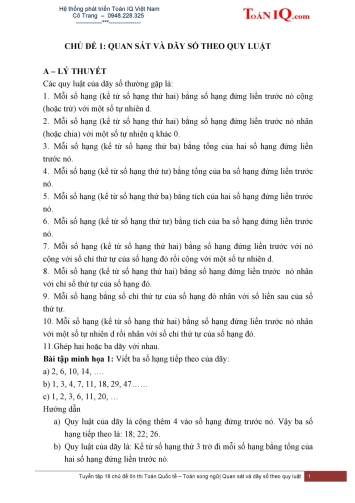 Ôn thi Toán Quốc tế - Toán song ngữ - Chuyên đề 1: Quan sát và dãy số theo quy luật