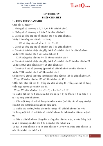 Ôn thi Toán Quốc tế - Toán song ngữ - Chuyên đề 12: Phép chia hết (Divisibility)