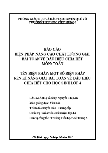 Sáng kiến kinh nghiệm Một số biện pháp rèn kĩ năng giải bài toán về dấu hiệu chia hết cho học sinh Lớp 4