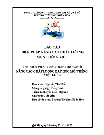 Sáng kiến kinh nghiệm Ứng dụng trò chơi học tập nâng cao chất lượng môn Tiếng Việt Lớp 3