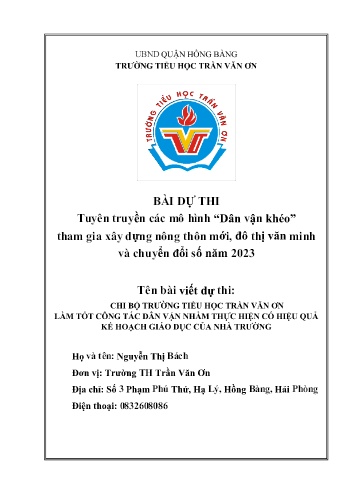 Bài dự thi Chi bộ trường TH Trần Văn Ơn làm tốt công tác dân vận nhằm thực hiện có hiệu quả kế hoạch giáo dục của nhà trường - Trường TH Trần Văn Ơn, UBND Quận Hồng Bàng (Nguyễn Thị Bách)