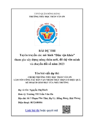 Bài dự thi Chi bộ trường TH Trần Văn Ơn làm tốt công tác dân vận nhằm thực hiện có hiệu quả kế hoạch giáo dục của nhà trường - Trường TH Trần Văn Ơn, Hồng Bàng (Nguyễn Thị Bách)