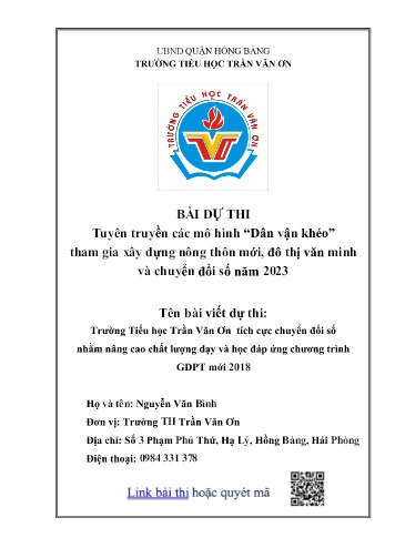 Bài dự thi Trường Tiểu học Trần Văn Ơn tích cực chuyển đổi số nhằm nâng cao chất lượng dạy và học đáp ứng chương trình GDPT mới 2018 - Trường TH Trần Văn Ơn, Hồng Bàng (Nguyễn Văn Bình)