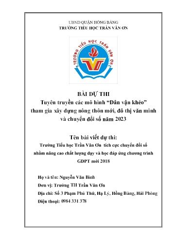 Bài dự thi Trường Tiểu học Trần Văn Ơn tích cực chuyển đổi số nhằm nâng cao chất lượng dạy và học đáp ứng chương trình GDPT mới 2018 - Trường TH Trần Văn Ơn, UBND Quận Hồng Bàng (Nguyễn Văn Bình)