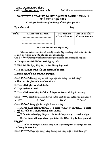 Bài kiểm tra chất lượng cuối học kì 2 môn Khoa Học 4 - Trường TH Nguyễn Trãi, Hồng Bàng - Năm học 2022-2023 (Đáp án)