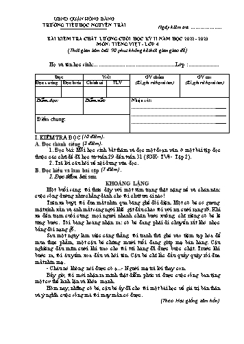 Bài kiểm tra chất lượng cuối học kì 2 môn Tiếng Việt 4 - Trường TH Nguyễn Trãi, UBND Quận Hồng Bàng - Năm học 2022-2023 (Đáp án)