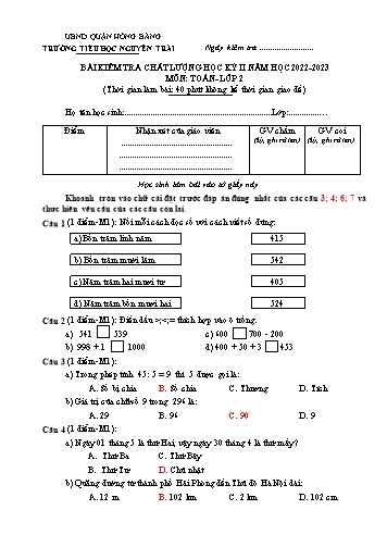 Bài kiểm tra chất lượng cuối học kì 2 môn Toán 2 - Trường TH Nguyễn Trãi, Hồng Bàng - Năm học 2022-2023 (Đáp án)