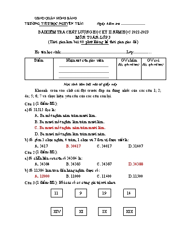 Bài kiểm tra chất lượng cuối học kì 2 môn Toán 3 - Trường TH Nguyễn Trãi, Hồng Bàng - Năm học 2022-2023 (Đáp án)