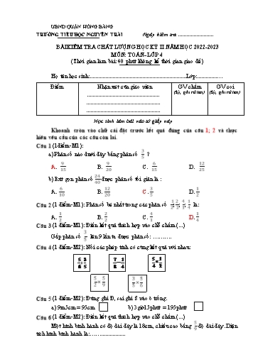 Bài kiểm tra chất lượng cuối học kì 2 môn Toán 4 - Trường TH Nguyễn Trãi, Hồng Bàng - Năm học 2022-2023 (Đáp án)