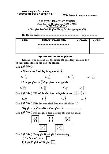 Bài kiểm tra chất lượng cuối học kì II môn Toán 4 - Trường TH Nguyễn Trãi, Hồng Bàng - Năm học 2022-2023 (Đáp án)