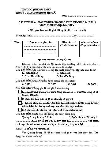 Bài kiểm tra chất lượng học kì 2 môn Lịch sử và Địa lí 4 - Trường TH Nguyễn Trãi, Hồng Bàng - Năm học 2022-2023 (Đáp án)