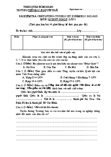Bài kiểm tra chất lượng học kì 2 môn Lịch sử và Địa lí 5 - Trường TH Nguyễn Trãi, Hồng Bàng - Năm học 2022-2023 (Đáp án)