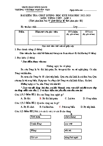 Bài kiểm tra chất lượng học kì 2 môn Tiếng Việt 1 - Trường TH Nguyễn Trãi, Hồng Bàng - Năm học 2022-2023 (Đáp án)