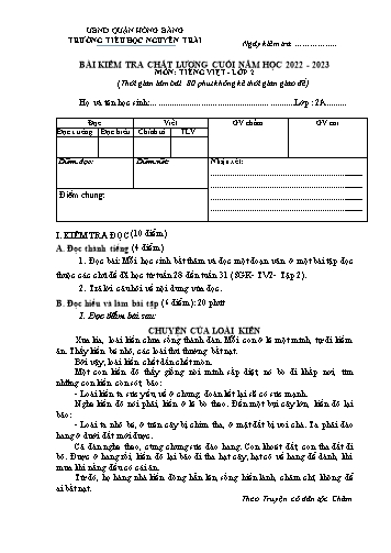 Bài kiểm tra chất lượng học kì 2 môn Tiếng Việt 2 - Trường TH Nguyễn Trãi, Hồng Bàng - Năm học 2022-2023 (Đáp án)
