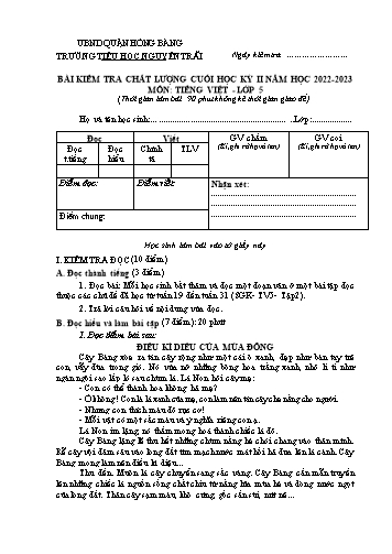 Bài kiểm tra chất lượng học kì 2 môn Tiếng Việt 5 - Trường TH Nguyễn Trãi, Hồng Bàng - Năm học 2022-2023 (Đáp án)