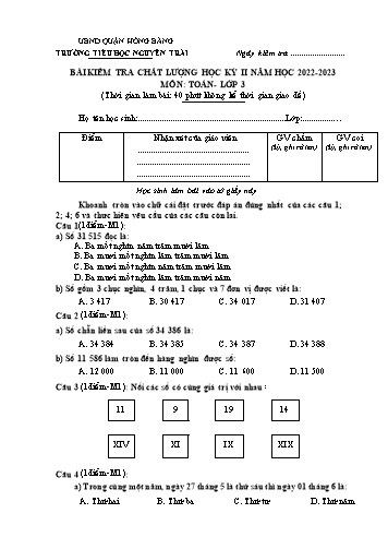 Bài kiểm tra chất lượng học kì 2 môn Toán 3 - Trường TH Nguyễn Trãi, Hồng Bàng - Năm học 2022-2023 (Đáp án)