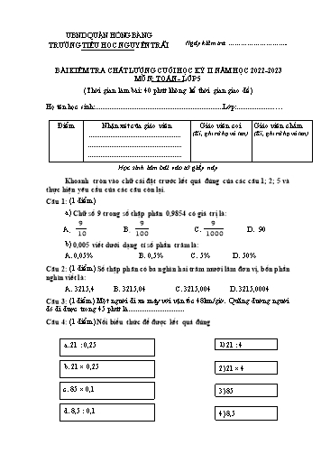 Bài kiểm tra chất lượng học kì 2 môn Toán 5 - Trường TH Nguyễn Trãi, Hồng Bàng - Năm học 2022-2023 (Đáp án)